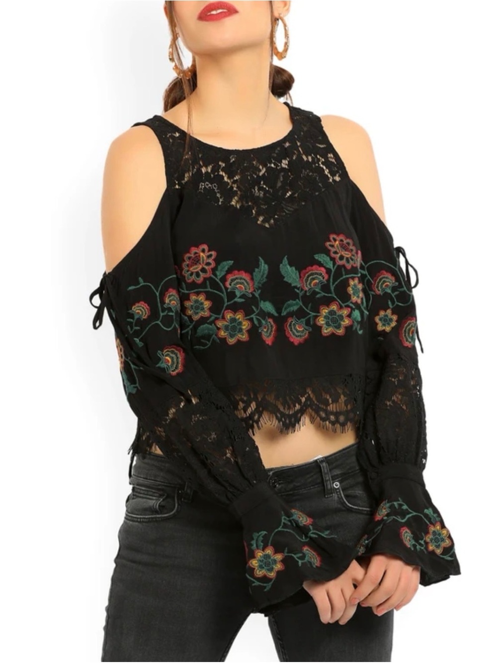 Boho Black Floral Embroidered Cold Shoulder Bell Sleeve Lace Trim Crop Top
